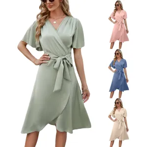 DEANWAQNGKT  Summer   Cross-Border European and American Women's Clothing Satin V-neck Fitted Waist Flare-Sleeve Comfortable Sexy Dress New